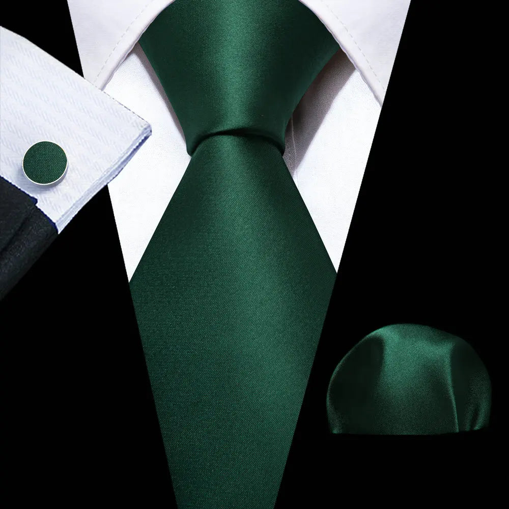 Dark Green Silk Solid Men Ties With Pocket Square Cufflinks Set Elegant Woven High Quality Suit Necktie Wedding