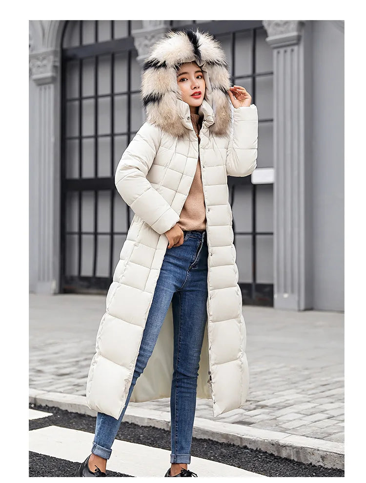 New 2024 - 2025 X-Long Down Jacket Women Casual Thick Warm Padded Coat Winter Loose Solid Hooded Parkas Lady Korean Fashion Solid Long Overcoa