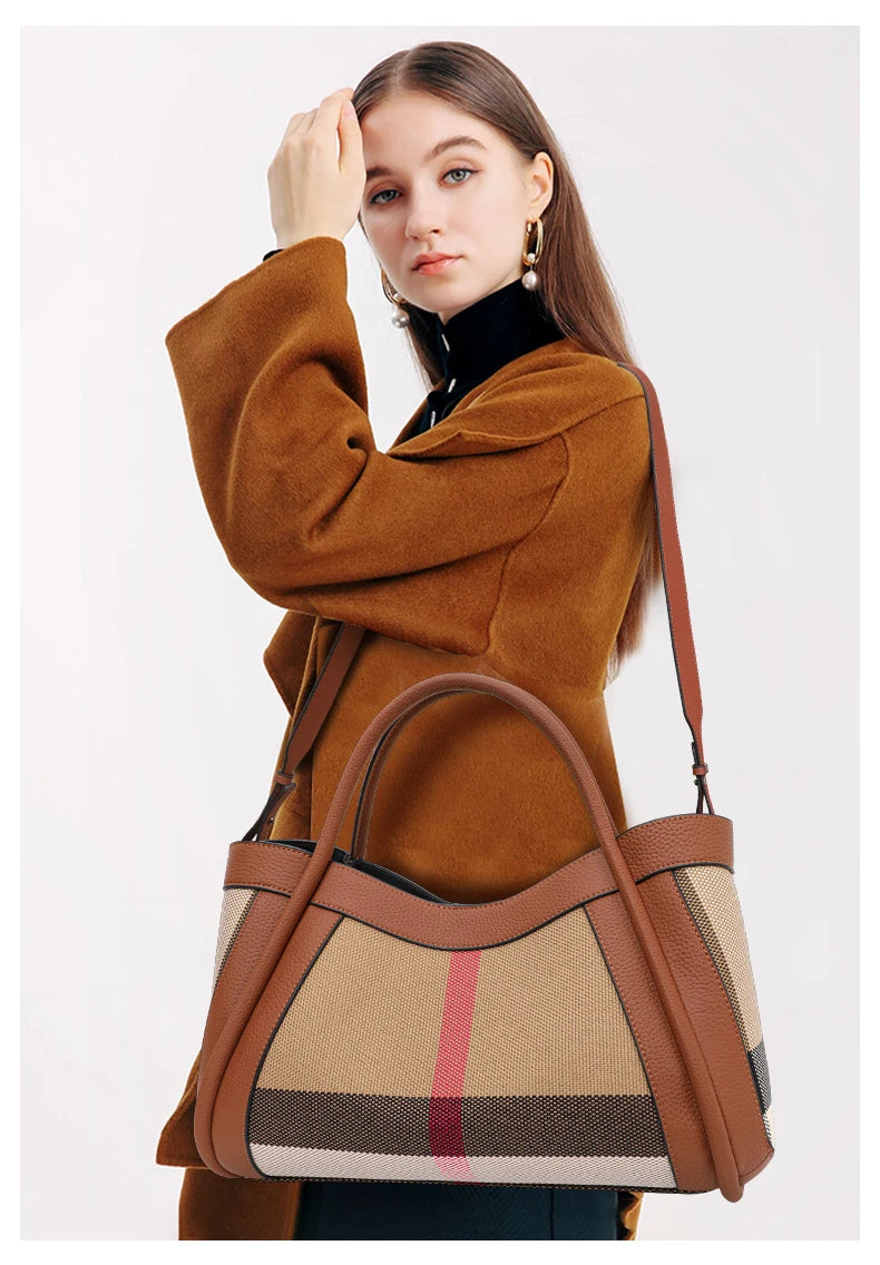 NEW 2024-2025 New Retro Checkered Women's Handbag Fashionable and Advanced Large Capacity Canvas with Cowhide Mother and Child Bag
