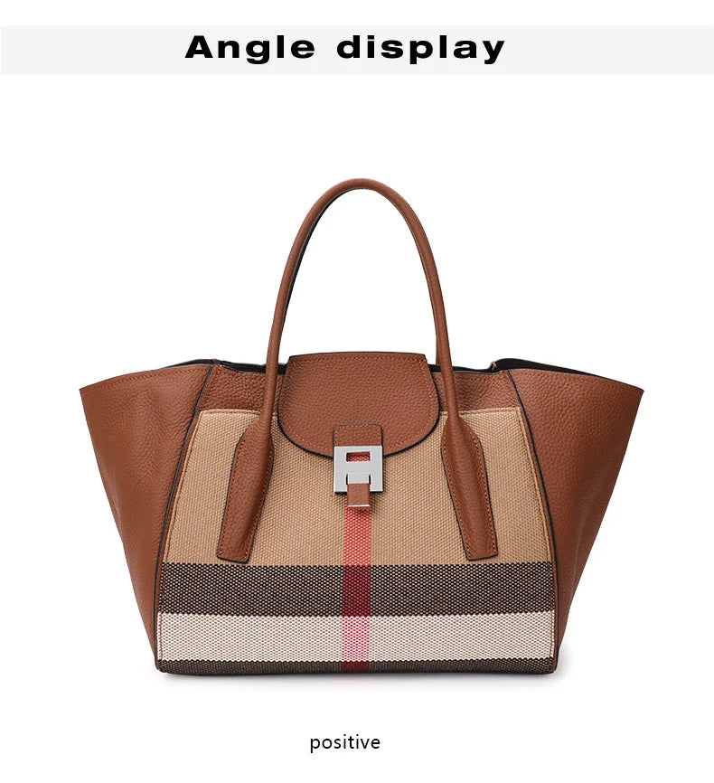 New 2024-2025 Checkered women's handbag 2024 fashionable canvas genuine leather bag large capacity multifunctional cowhide wing bag