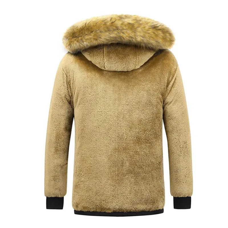 New Men Winter 2025 - 2026 Fleece Jacket Thick Warm Hooded Fur Collar Coat Solid Color Outerwear Mens Clothing Big Sale on now