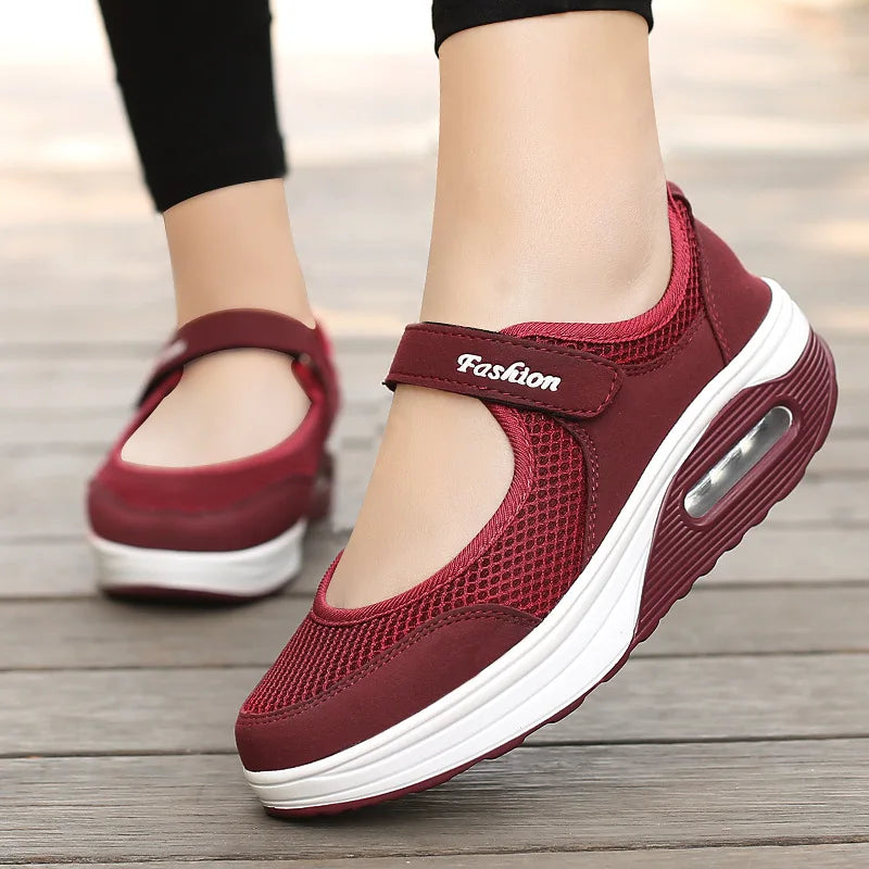 New Women Tennis Shoes New Hook Loop Air Cushion Shoe Non-slip Sole Breathable Female Casual Increase Footwear Outdoor Walk Sneakers