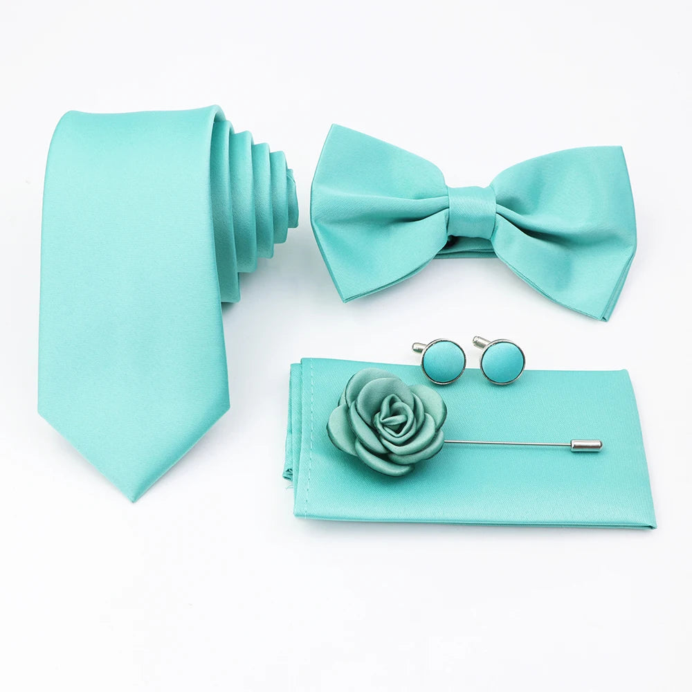 Hot Sale Pink Purple Sage Green Tie Set Polyester Necktie Bowtie Cufflink Brooch For Groom Suit Wedding Cravat Shirt Accessory