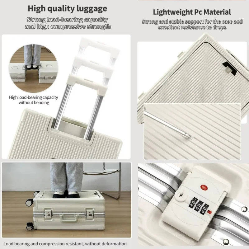 Suitcase Front Opening Pocket Aluminum Alloy Frame Rolling Luggage with USB Charging Plug Trolley Carry-on Case Bag with Wheel