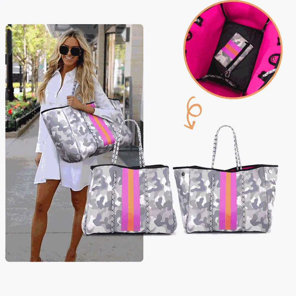 Personalized Custom Women's Handbag Printed Handbag Beach Bag Leisure Travel Tote Bag Diving Material Solid Color With Stripes