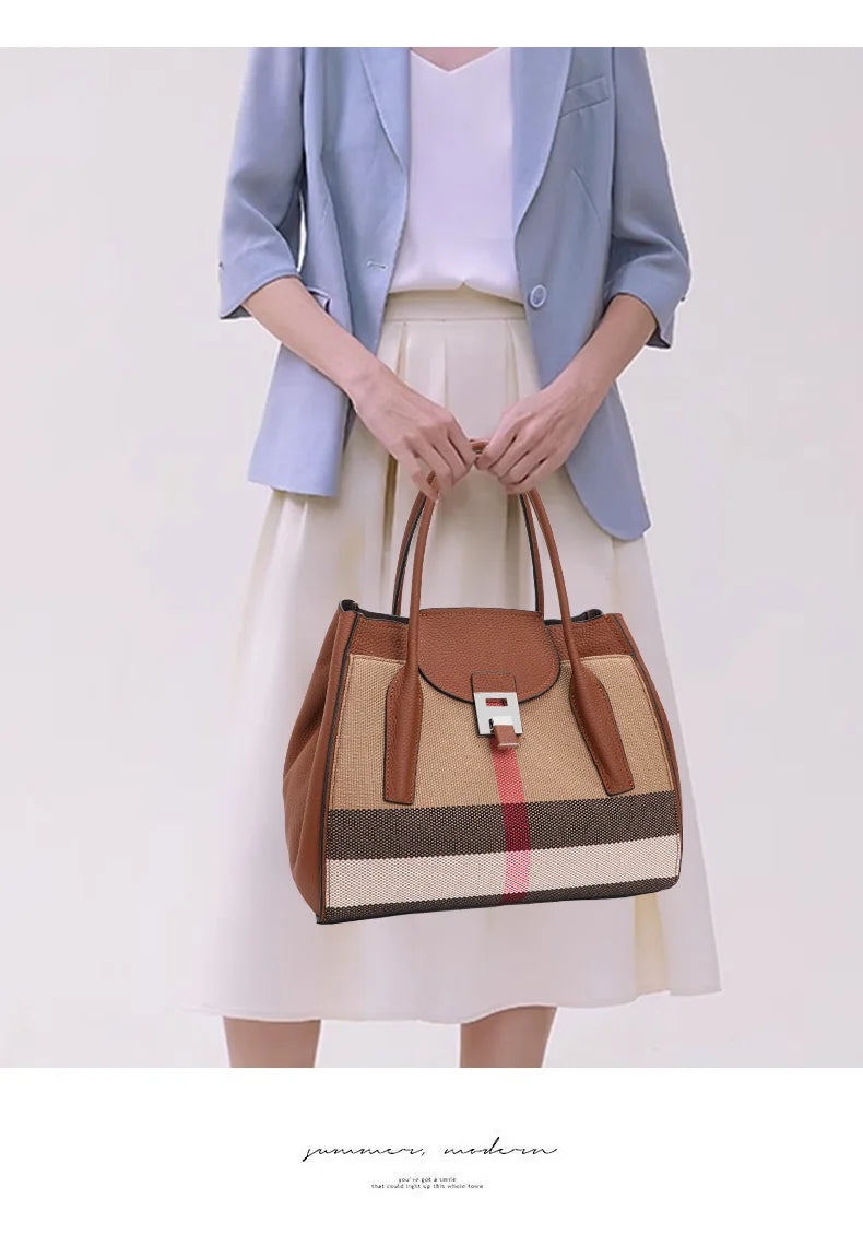 New 2024-2025 Checkered women's handbag 2024 fashionable canvas genuine leather bag large capacity multifunctional cowhide wing bag