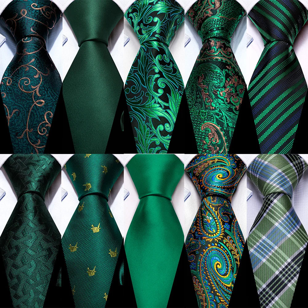 Dark Green Silk Solid Men Ties With Pocket Square Cufflinks Set Elegant Woven High Quality Suit Necktie Wedding
