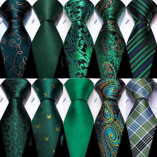 Dark Green Silk Solid Men Ties With Pocket Square Cufflinks Set Elegant Woven High Quality Suit Necktie Wedding