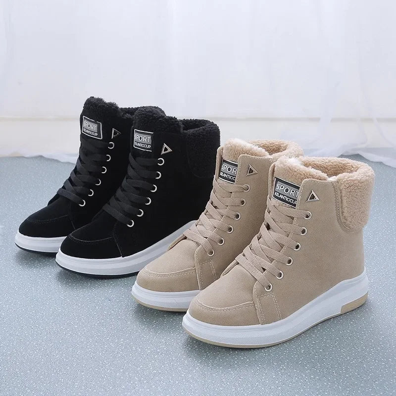 NEW 2024 Winter Boots Women Ankle Boots Warm PU Plush Winter Woman Shoes Sneakers Flats Lace Up Ladies Shoes Women Short Snow Boots