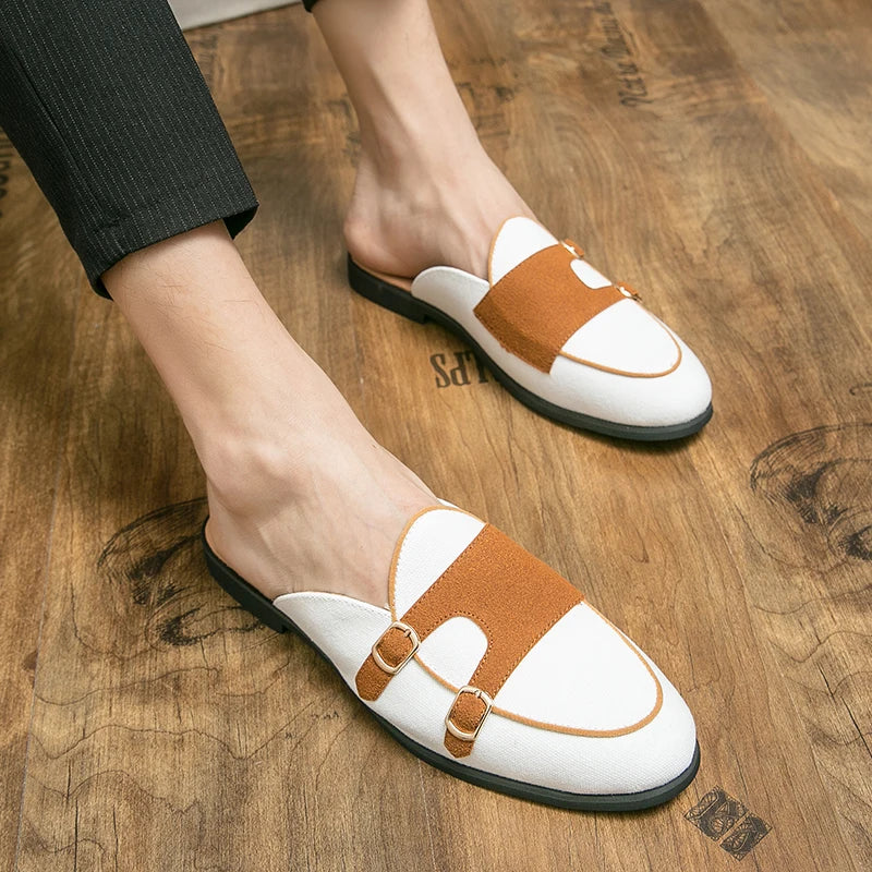 NEW 2025 Suede Leather Shoes Men's Casual Luxury Brand Handmade Muller Loafers Men Slip-On Flats Driving Dress Shoes Half Slippers 38-48