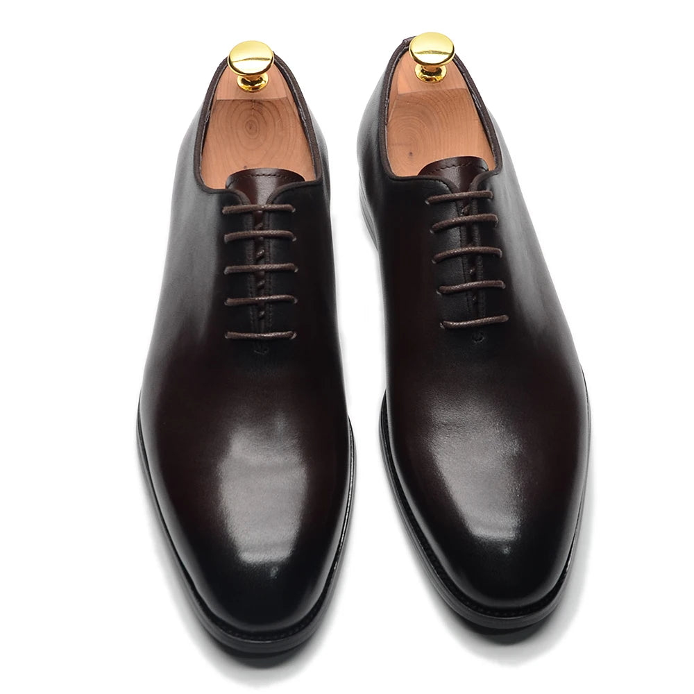 Brand Designer Whole Cut Oxford Dress Shoes Men Genuine Leather Handmade Lace Up Plain Toe Business Office Formal Wedding Shoe