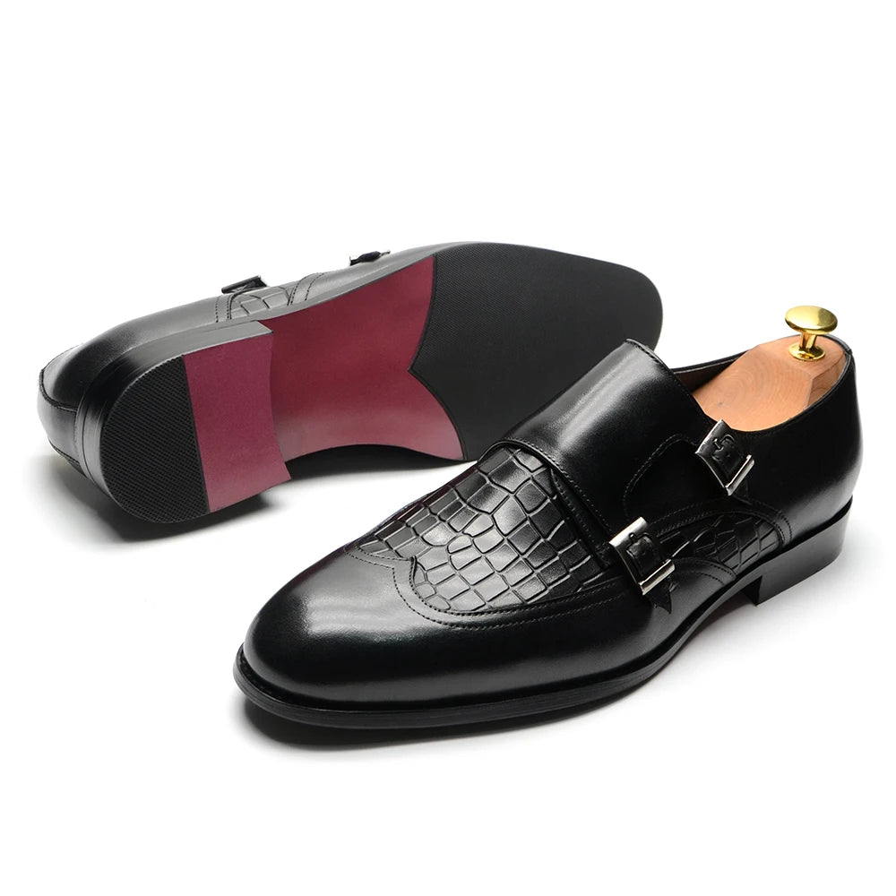 Natural Cow Leather Elegant Man Dress Shoes Stone Pattern Print Monk Double Buckle Strap and Cap Toe Business Party Social Shoes WE have 10% for all purchase in our store