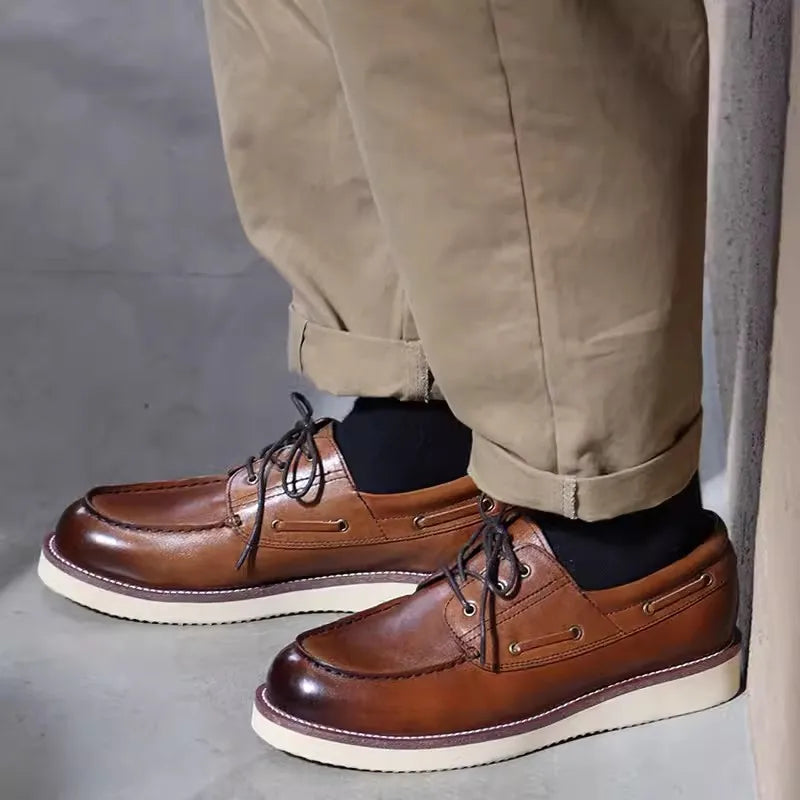 TINTINOS Handmade Men Casual Leather Shoes Genuine Leather High Quality Retro Lace-Up Work Shoes Classic Men Boat Shoes