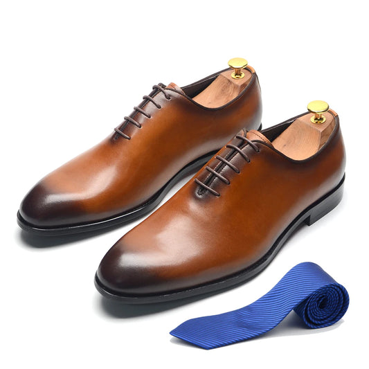 Brand Designer Whole Cut Oxford Dress Shoes Men Genuine Leather Handmade Lace Up Plain Toe Business Office Formal Wedding Shoe