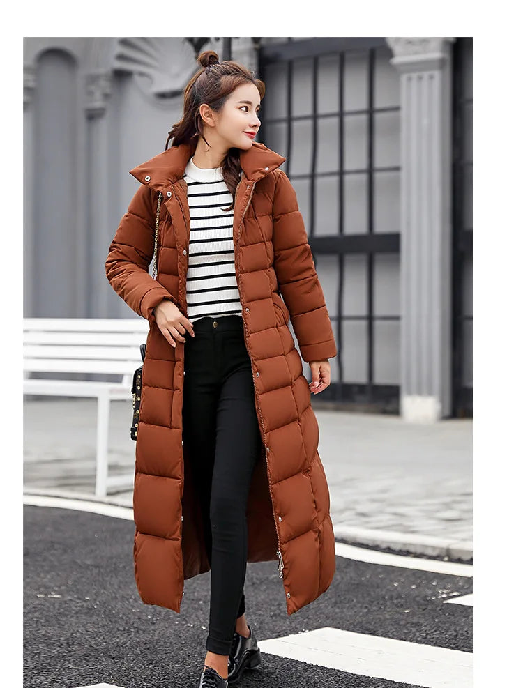 New 2024 - 2025 X-Long Down Jacket Women Casual Thick Warm Padded Coat Winter Loose Solid Hooded Parkas Lady Korean Fashion Solid Long Overcoa