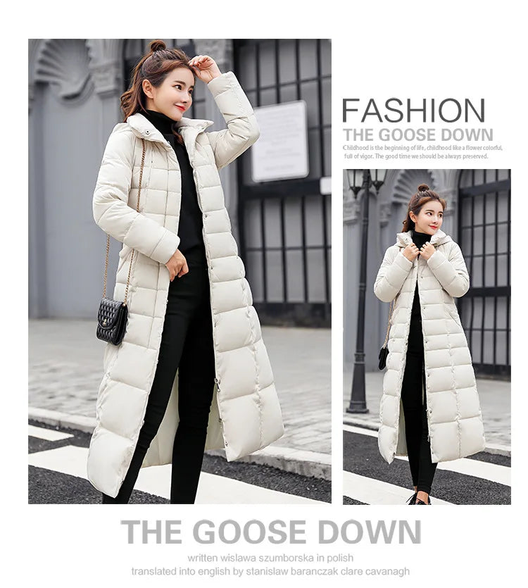 New 2024 - 2025 X-Long Down Jacket Women Casual Thick Warm Padded Coat Winter Loose Solid Hooded Parkas Lady Korean Fashion Solid Long Overcoa
