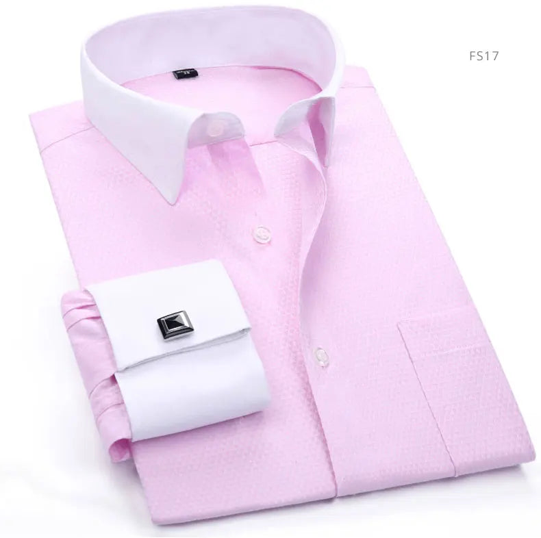 Brand NEW 2024-2025 Fashion Mens French Cufflinks Dress Shirts Long Sleeve Yellow White Blue Social Business Regular Fit Wedding Party Shirt For Man