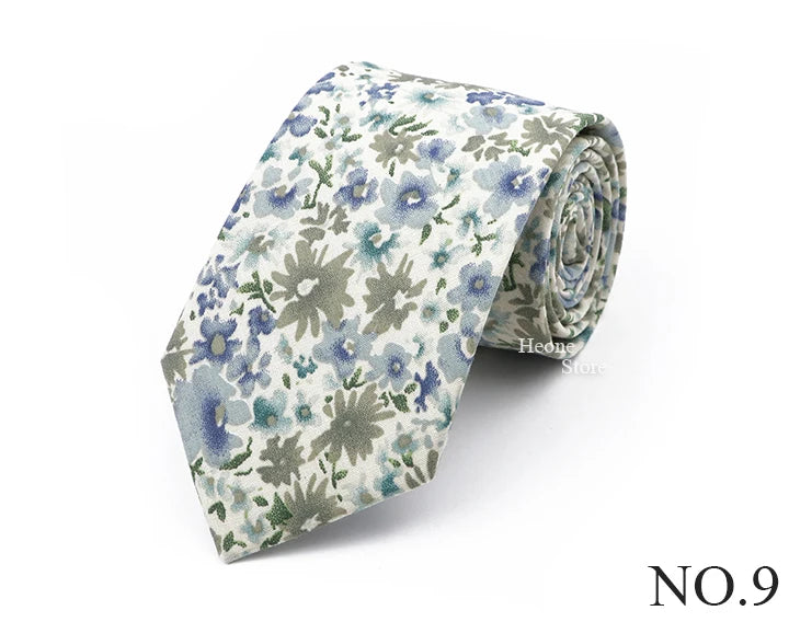 New Chic Floral Tie For Men 2025 100% Cotton Beautiful Elegant Flower Necktie White Blue Narrow Skinny Wedding Casual Cravat