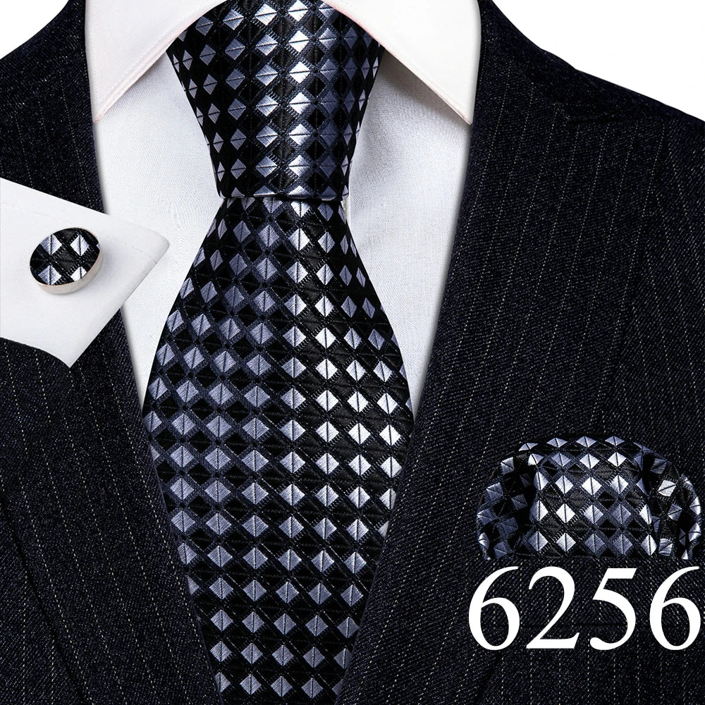 Fashion Mens Ties Set Silk Gray Black Silver White Striped Plaid Solid Paisley Floral Neck Tie Hankderchief Cufflinks Barry·Wang