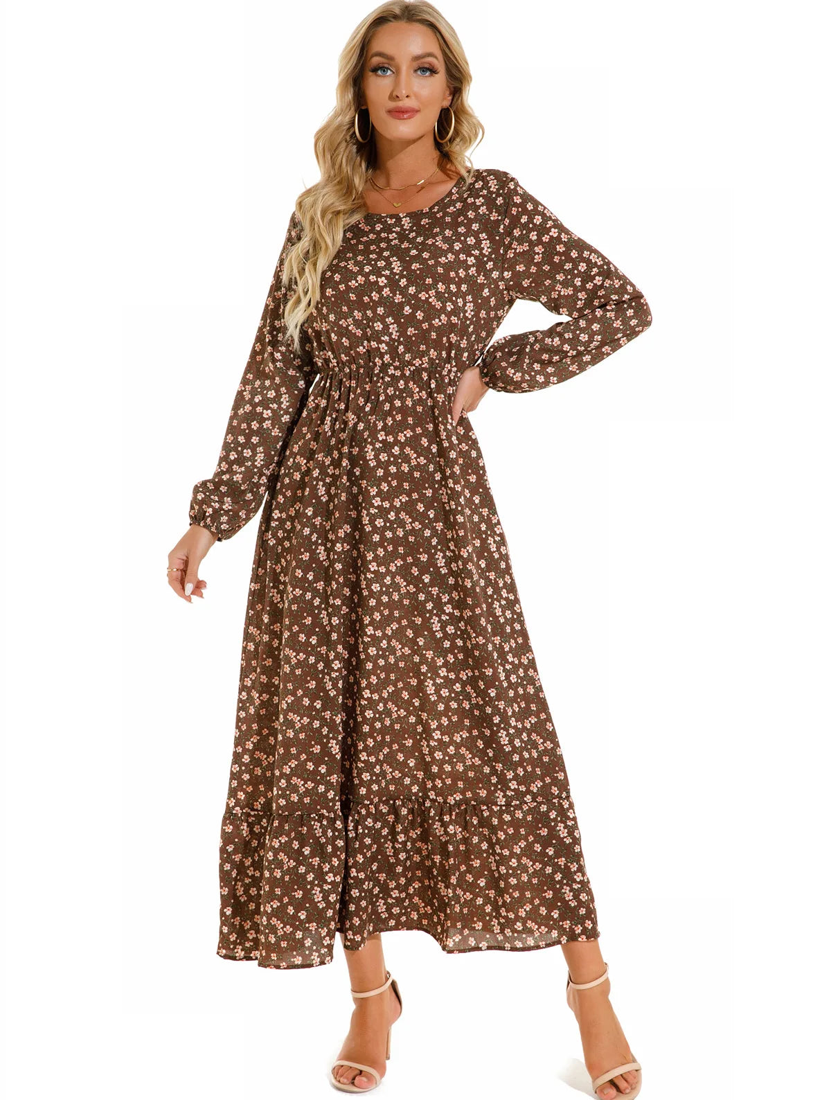 New Autumn 2025  Women Chiffon Dresses spring celebration Dress Mujer Vestidos Female Vintage Floral Print Full Sleeve A-line Long Maxi Dresses