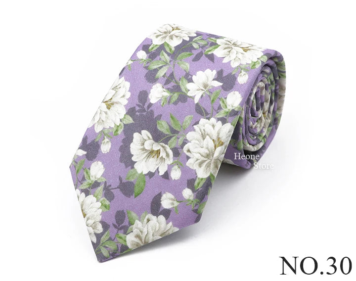 New Chic Floral Tie For Men 2025 100% Cotton Beautiful Elegant Flower Necktie White Blue Narrow Skinny Wedding Casual Cravat