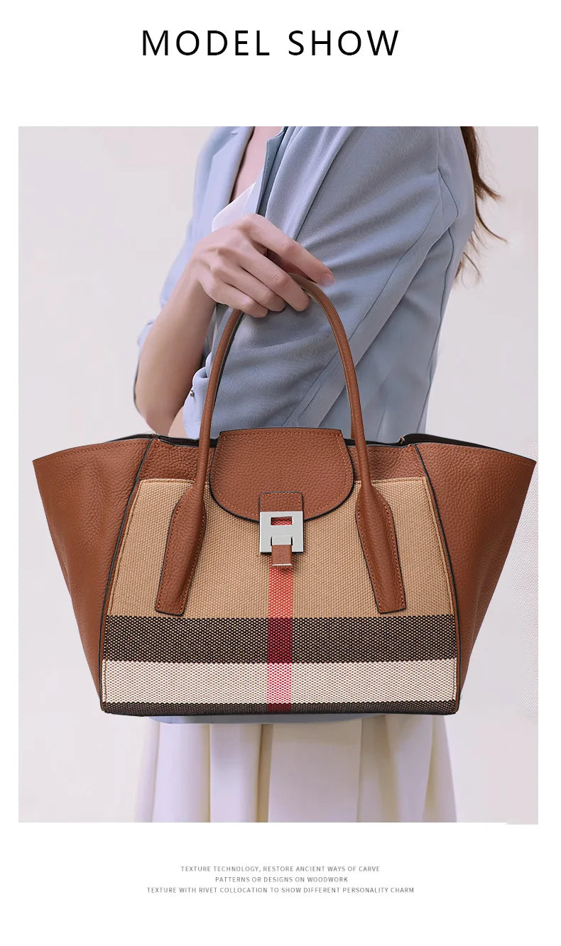 New 2024-2025 Checkered women's handbag 2024 fashionable canvas genuine leather bag large capacity multifunctional cowhide wing bag