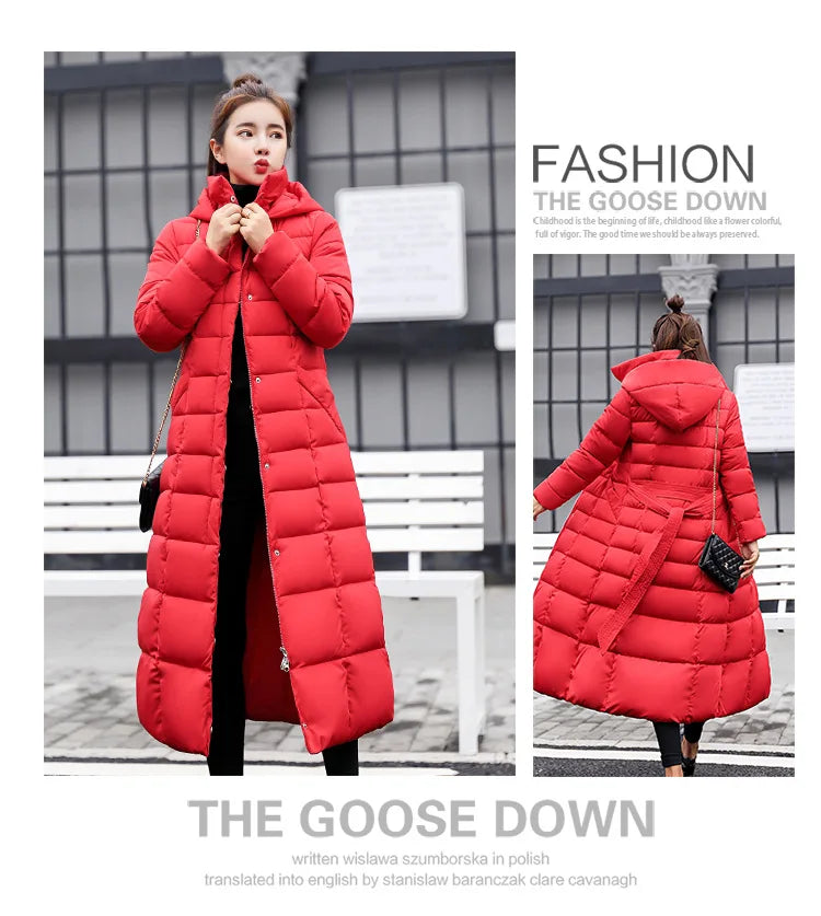 New 2024 - 2025 X-Long Down Jacket Women Casual Thick Warm Padded Coat Winter Loose Solid Hooded Parkas Lady Korean Fashion Solid Long Overcoa
