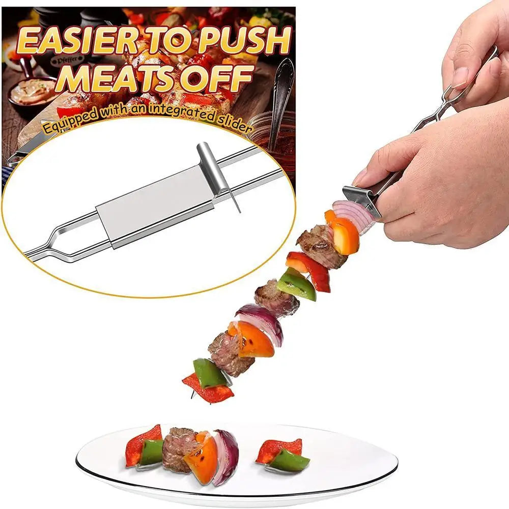 1Pcs BBQ Stick Semi-automatic Barbecue Fork Barbecue Sticks Shrimps Push Bar Skewer BBQ Shrimp Grilling
