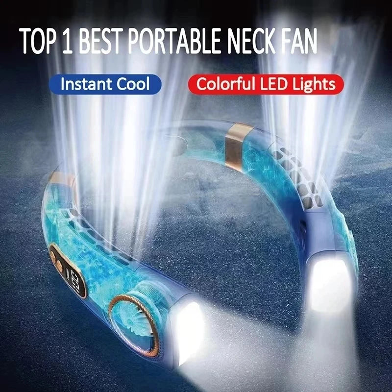 2024 New Portable Bladeless Hanging Neck Fan,LED Digital Power Supply, Ice Ceramic Induction Cooling, Colorful Atmosphere Light