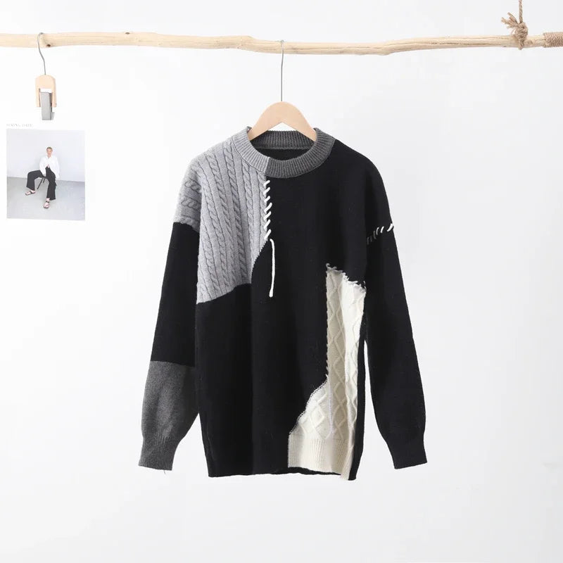 Man Panelled Contrast O neck Sweater 2024-2025 Autumn Winter Vintage Loose Long Sleeves Knitted Pullover Fashion Casual Male Jumper