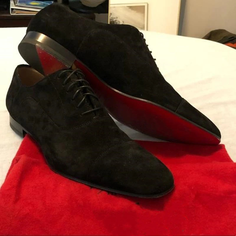 Brand New 2024-2025  Red Sole Men Shoes Black Flock Derby Shoes Breathable Lace-up Handmade Men Shoes Free Shipping Chaussures Pour Hommes