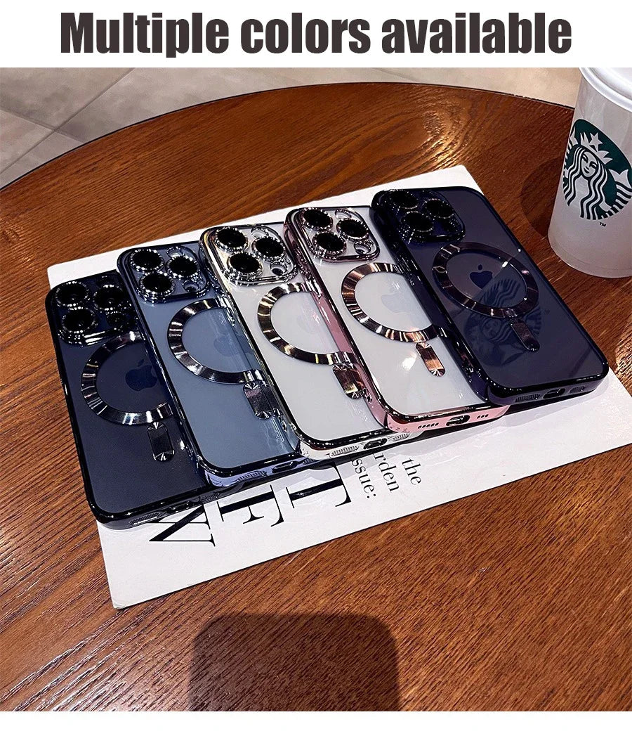 Plating TPU Magesafe Case For iPhone 16 15 14 13 12 11 Pro Max For Plus Magnetic Wireless Charging Full Lens Protect Clear Cover