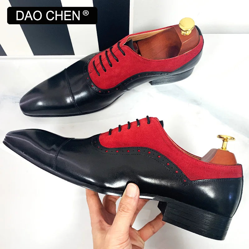 NEW 2024 LUXURY MEN'S OXFORD SHOES LACE UP BLCK MIXED RED SUEDE CASUAL MENS DRESS SHOES REAL LEATHER OFFICE WEDDING SHOES FOR MEN