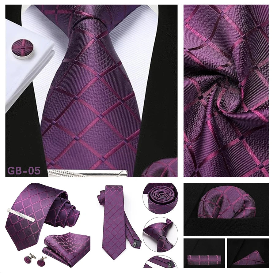100% Silk Ties for Men Plaid & Checks Tie Clip Handkerchief Woven Classic Men's Necktie Pocket Square Set Formal Wedding Ties