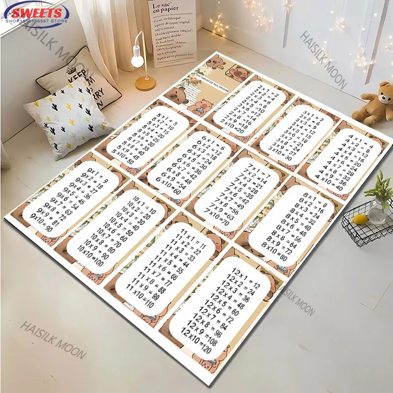 1PC Cute Capibara Pattern Multiplication Table 1 To 12 Carpets, Rugs for Home Kids Room, Early Childhood Education Non-slip Mat
