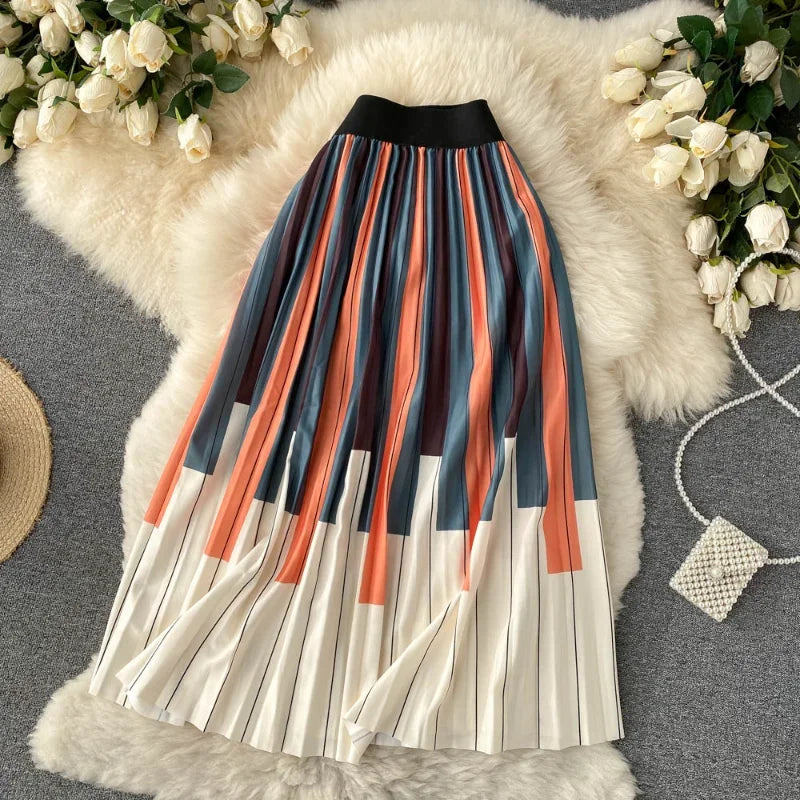 Spring Autumn Gradient Drape Pleated Long Skirt ITALY Swing Plaid Color Block A-line Thick Long Skirts