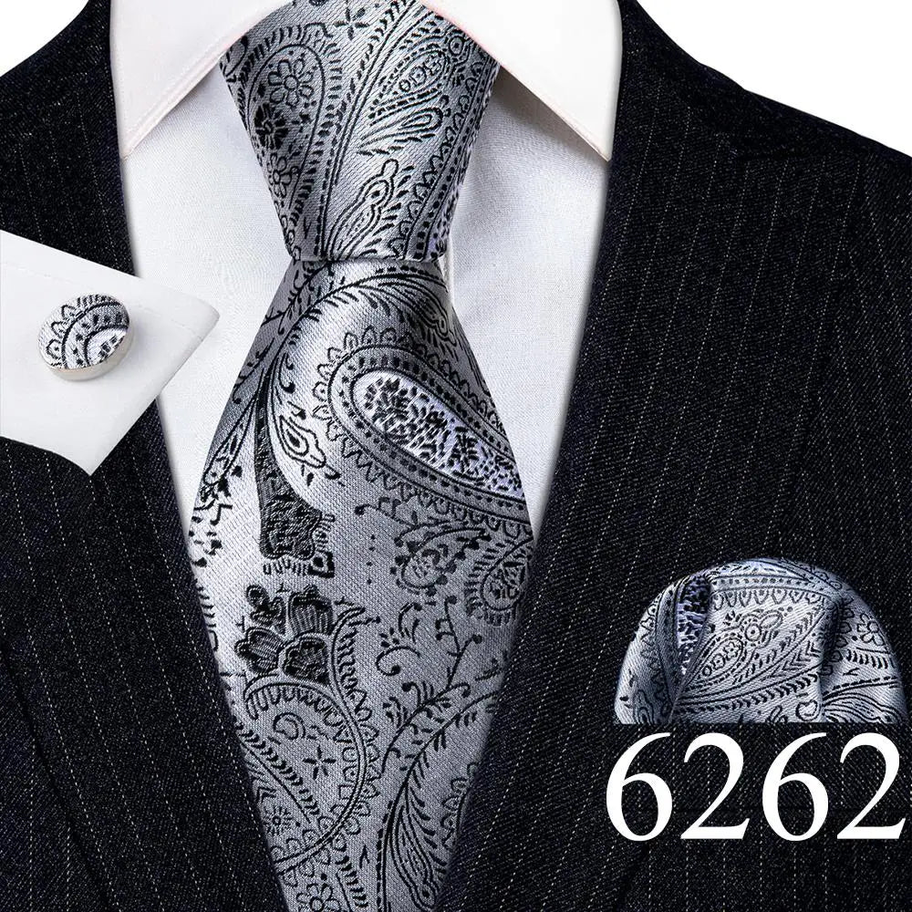 Fashion Mens Ties Set Silk Gray Black Silver White Striped Plaid Solid Paisley Floral Neck Tie Hankderchief Cufflinks Barry·Wang