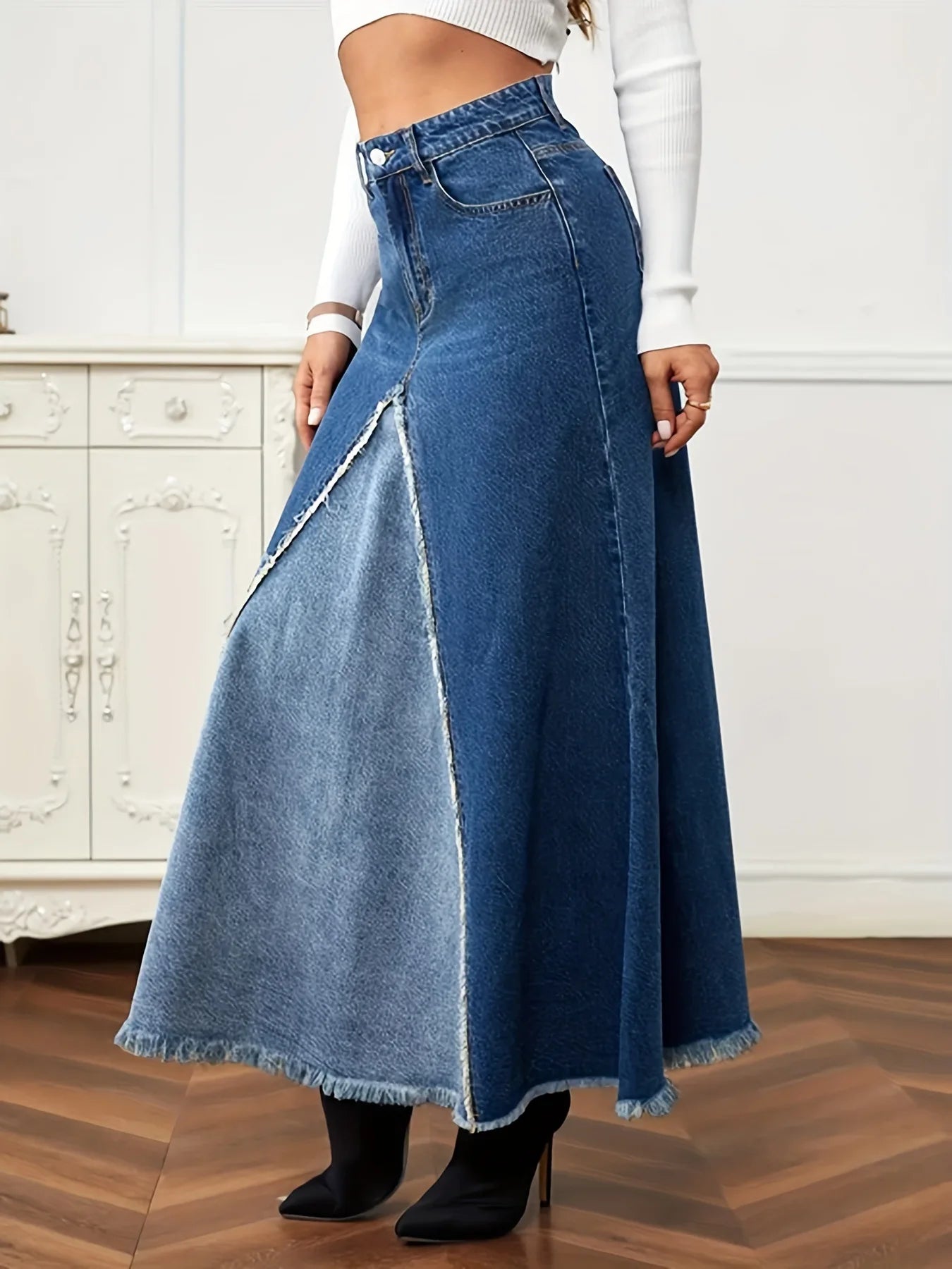 2024 Autumn New Women's Denim Long Skirt Fashion Loose Spliced Denim Swing Skirt Female Casual Clothes XS-L