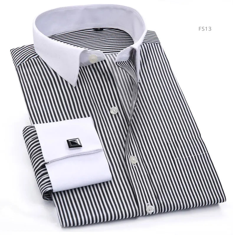 Brand NEW 2024-2025 Fashion Mens French Cufflinks Dress Shirts Long Sleeve Yellow White Blue Social Business Regular Fit Wedding Party Shirt For Man
