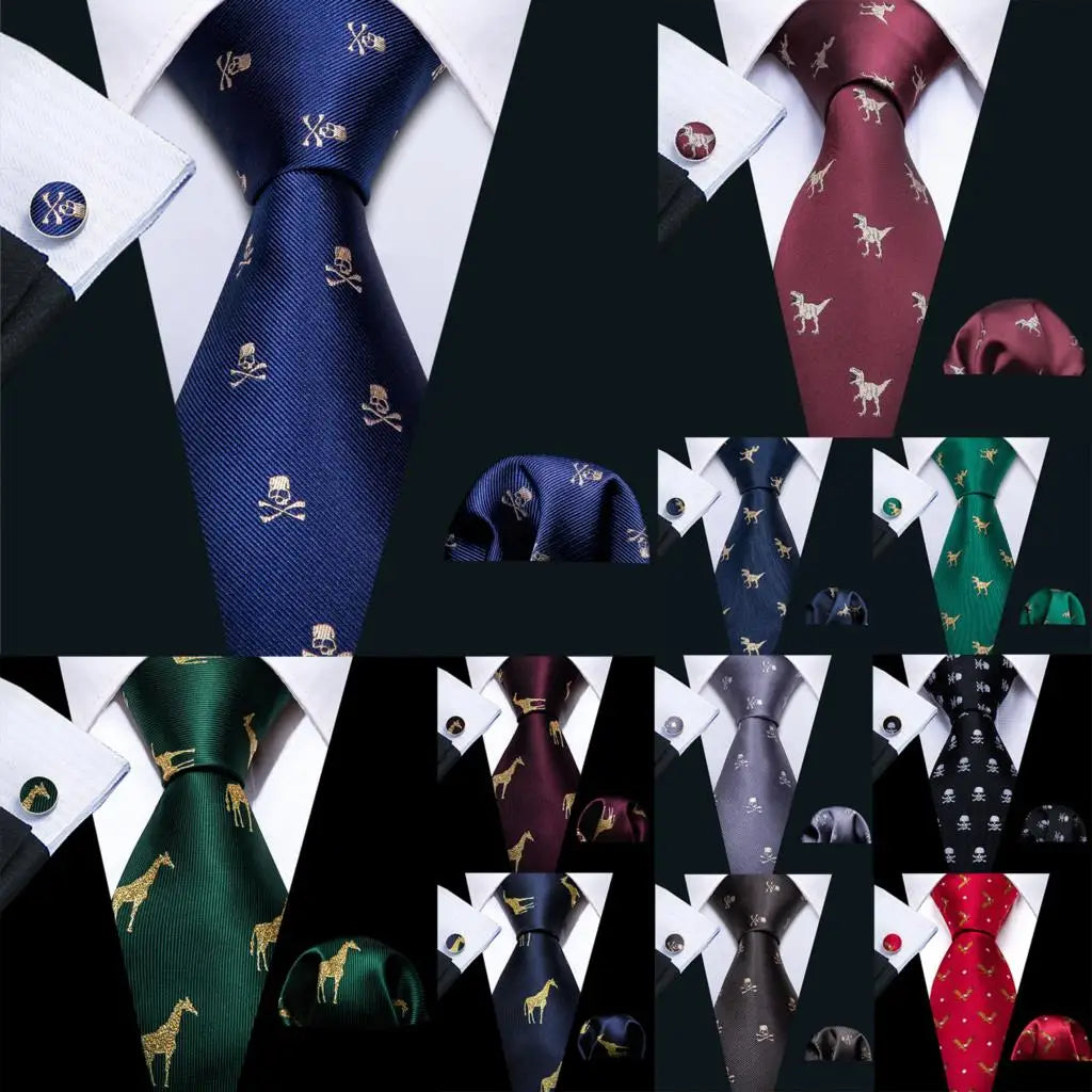 Barry.Wang Jacquard Animal Silk Men Tie Hankerchief Cufflinks Set Novelty Necktie for Male Gift Wedding Business Party 30 Styles