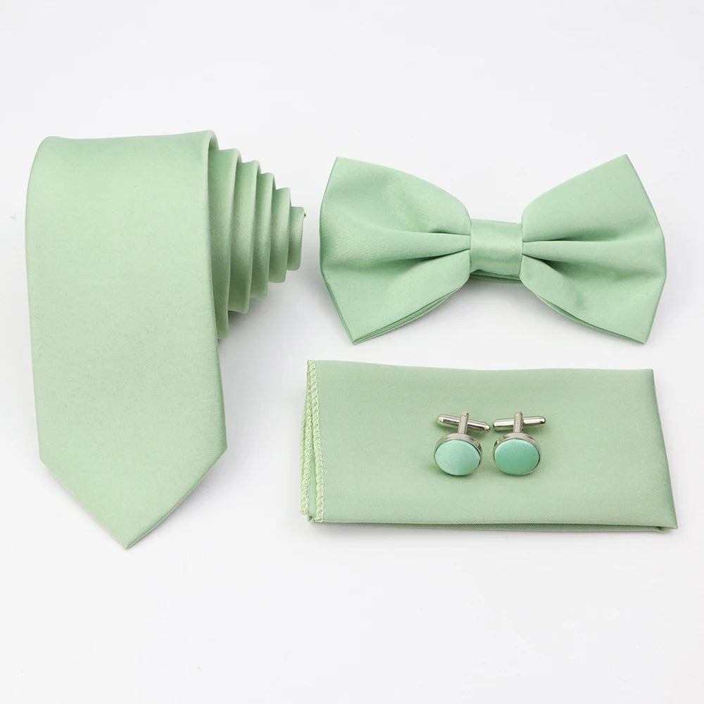 Hot Sale Pink Purple Sage Green Tie Set Polyester Necktie Bowtie Cufflink Brooch For Groom Suit Wedding Cravat Shirt Accessory
