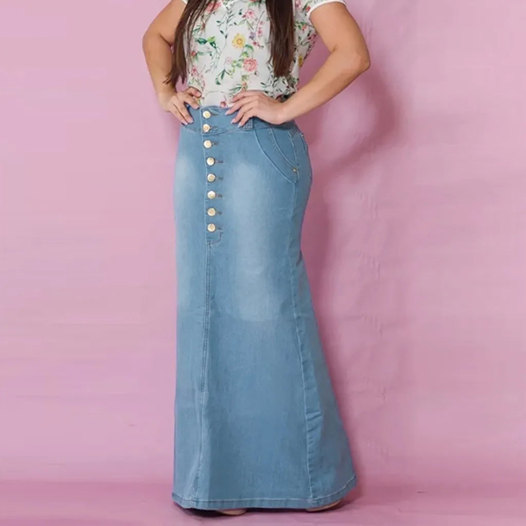 Front Button Washed Denim A-line Skirts For Teen Girls High Waisted Long Jean Skirt For Women Midi Length Faldas Mujer Moda 2023