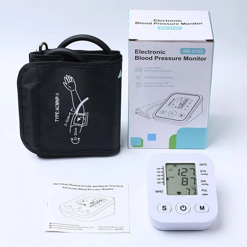 LCD Portable Health Care Pulse Meter BP Monitor Automatic Digital Arm Blood Pressure Monitor Tonometer Meter Sphygmomanometer