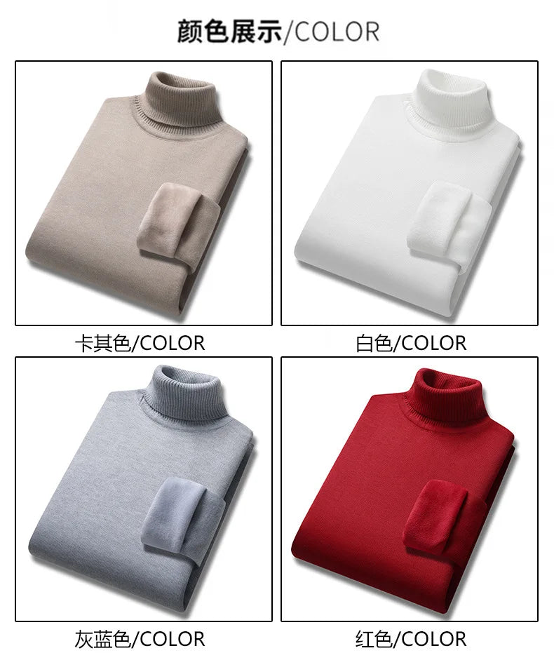 New Collection 2024-2025 Basic Warm Sweater for Men Winter Casual Pullover Warm Turtleneck Sweater Velvet Thick Solid Slim Bottoming Shirt Homme