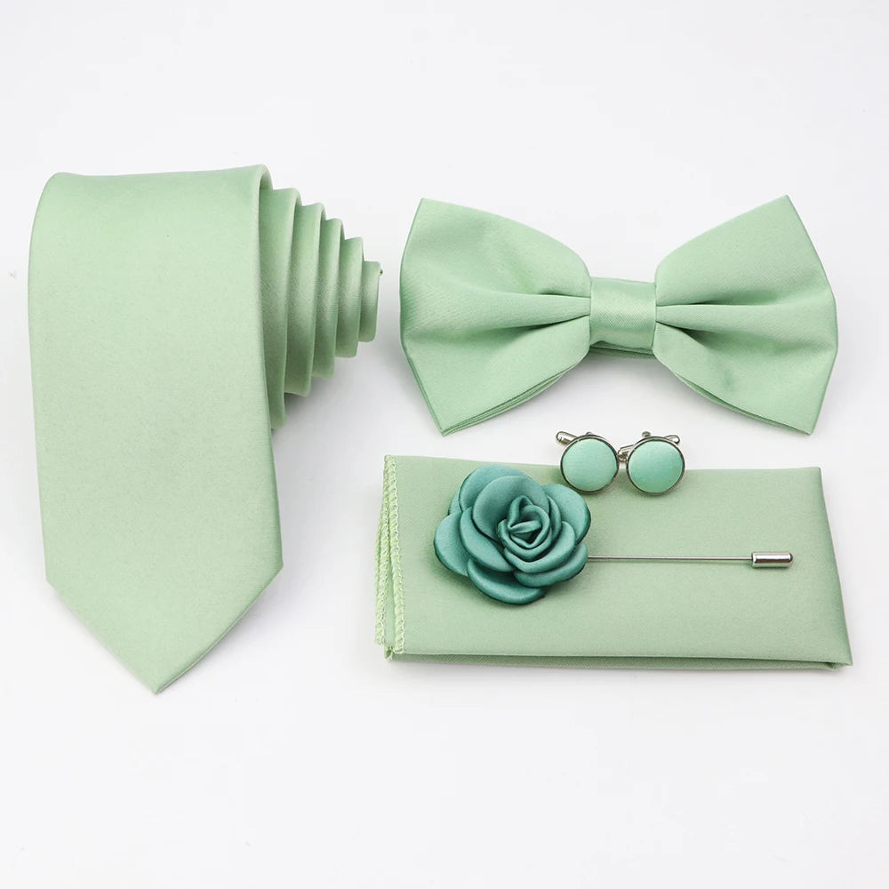Hot Sale Pink Purple Sage Green Tie Set Polyester Necktie Bowtie Cufflink Brooch For Groom Suit Wedding Cravat Shirt Accessory