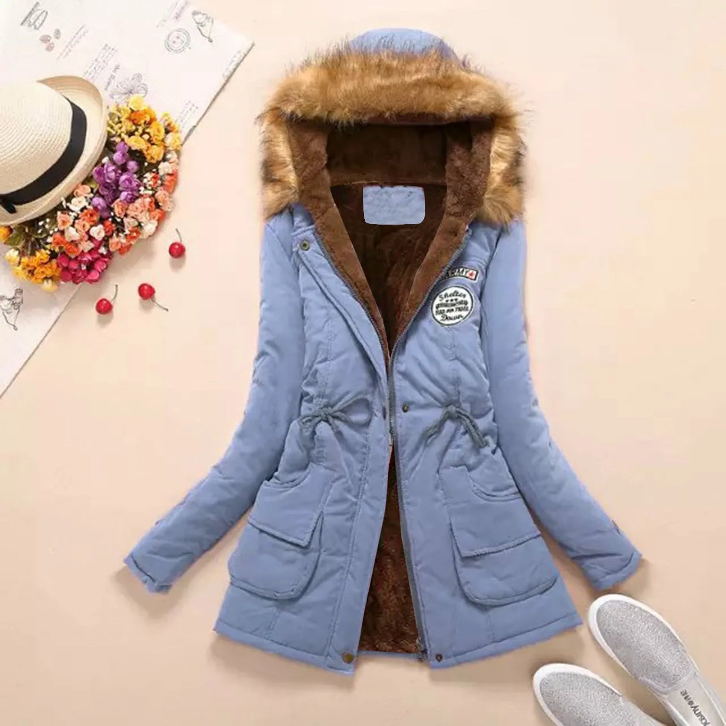 Women Autumn Winter Warm Fur Hooded Parkas Thick Cotton Slim Padded Coat Casual Vintage Streetwear Oversized Overcoat Jackets