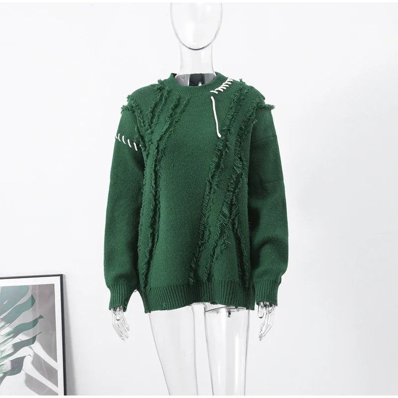 Man Panelled Contrast O neck Sweater 2024-2025 Autumn Winter Vintage Loose Long Sleeves Knitted Pullover Fashion Casual Male Jumper