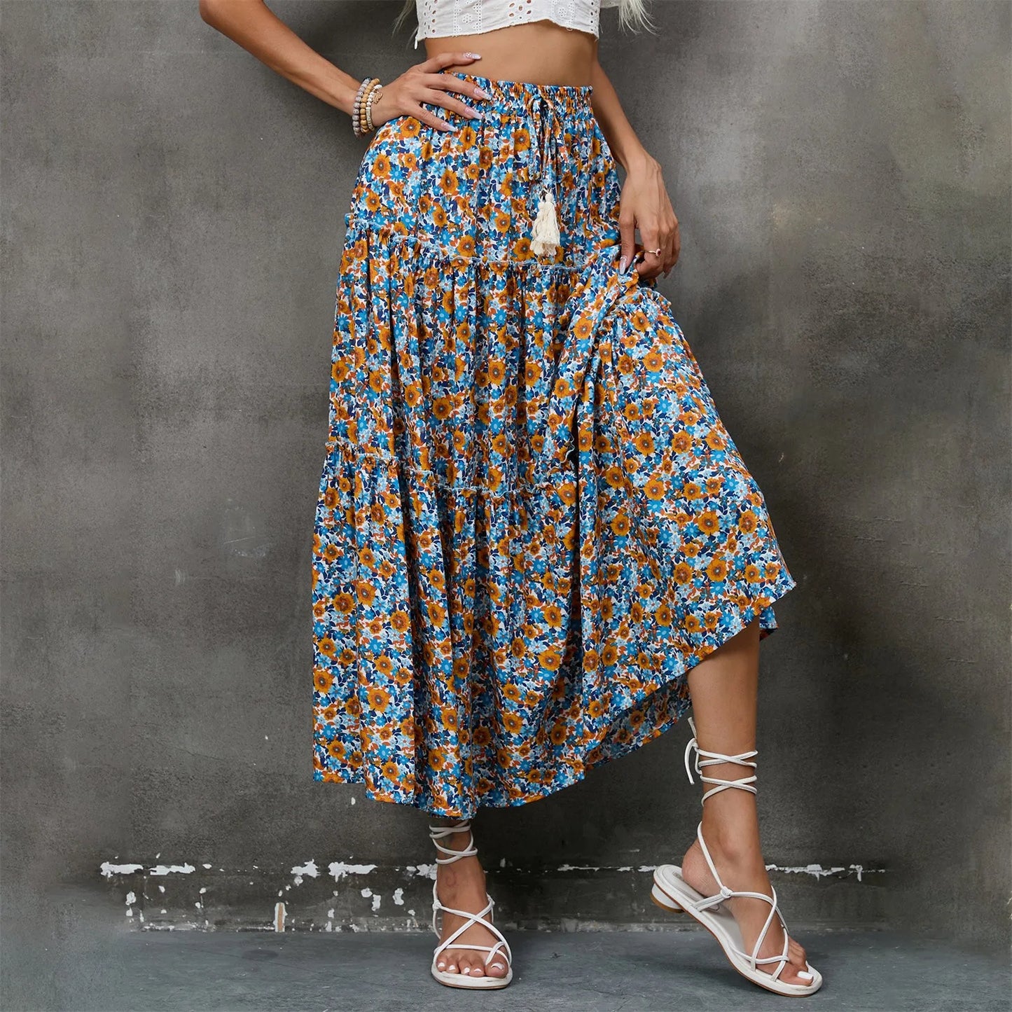 Summer Floral Print TINTINOS Skirts Women High Waist Ruffles Pleated Long Maxi Beach Skirt British Style Bohemian Midi Skirts