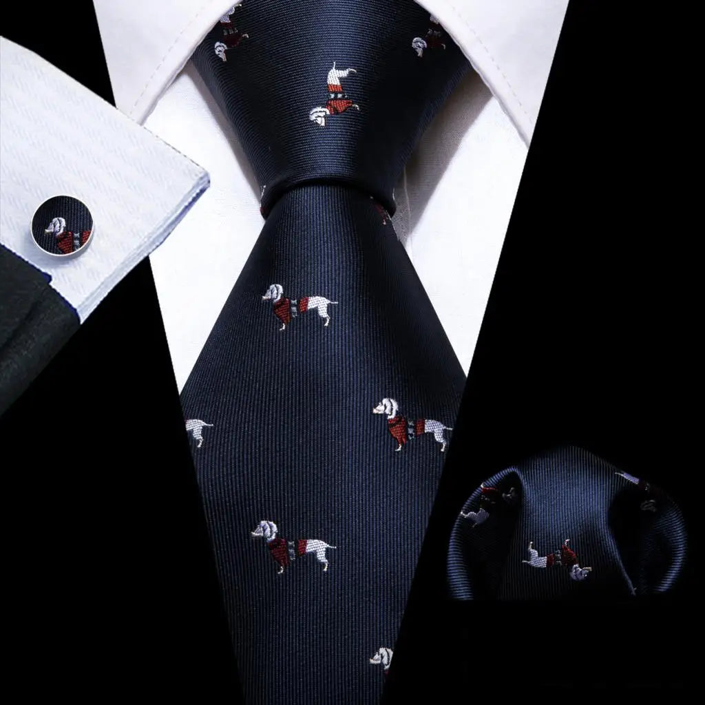 Barry.Wang Jacquard Animal Silk Men Tie Hankerchief Cufflinks Set Novelty Necktie for Male Gift Wedding Business Party 30 Styles