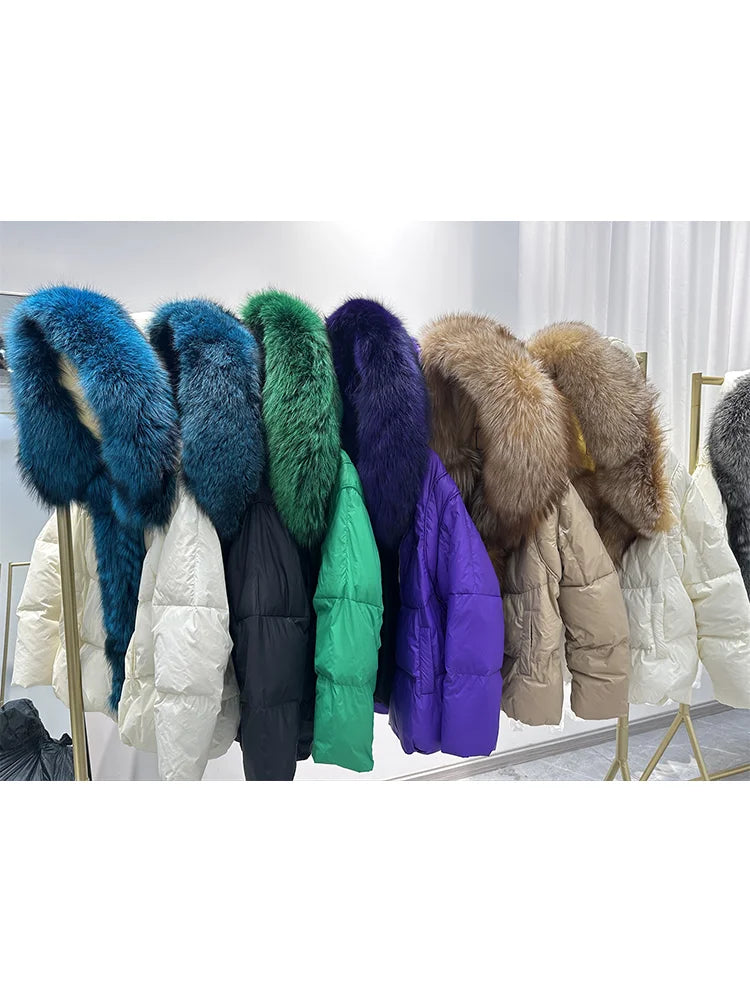 NEW 2024 2025 Women Coat White Duck Down Jacket Super Large Real Silver Fox Fur Collar Hooded New Fashion Outerwear Puffer Jacket New